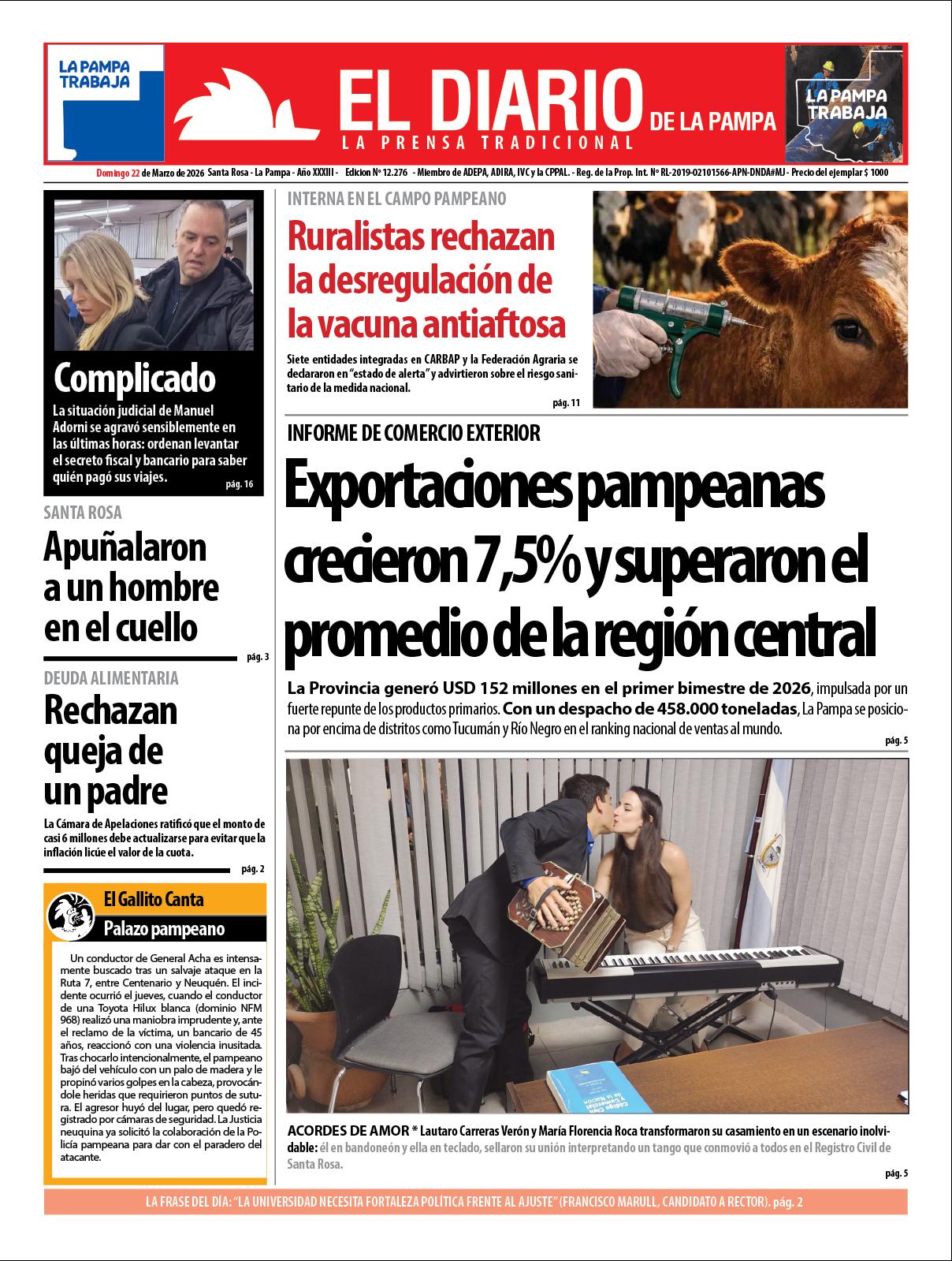 Tapa de El Diario en papel  domingo 22 de marzo de 2026